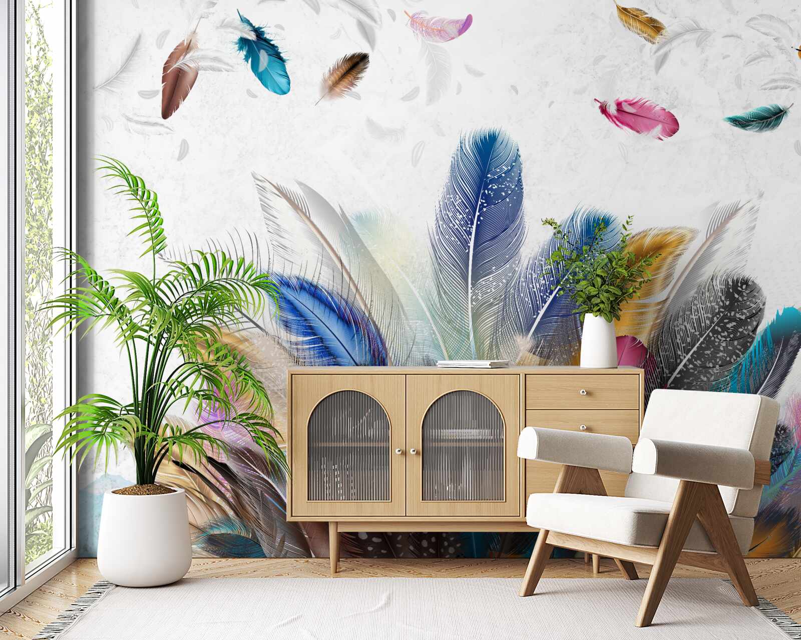 Papier peint plumes multicolores