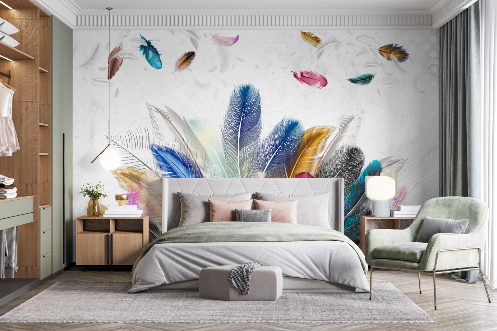 Papier peint plumes multicolores