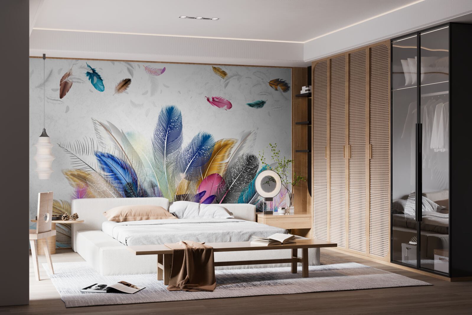 Papier peint plumes multicolores