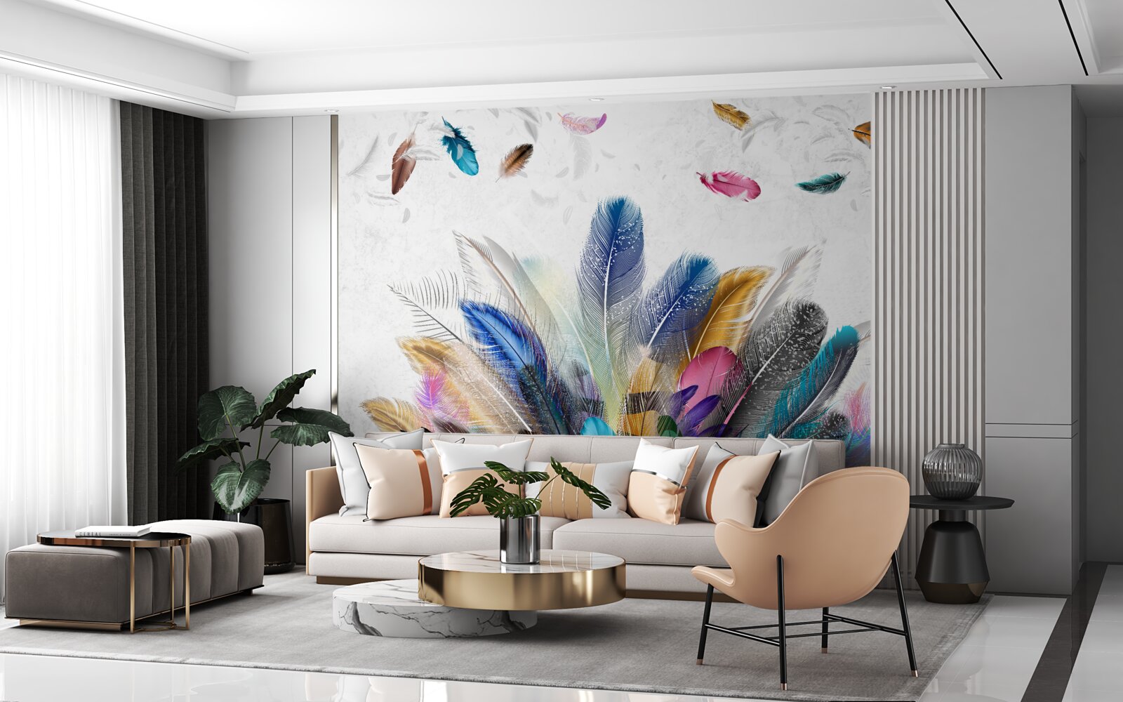 Papier peint plumes multicolores