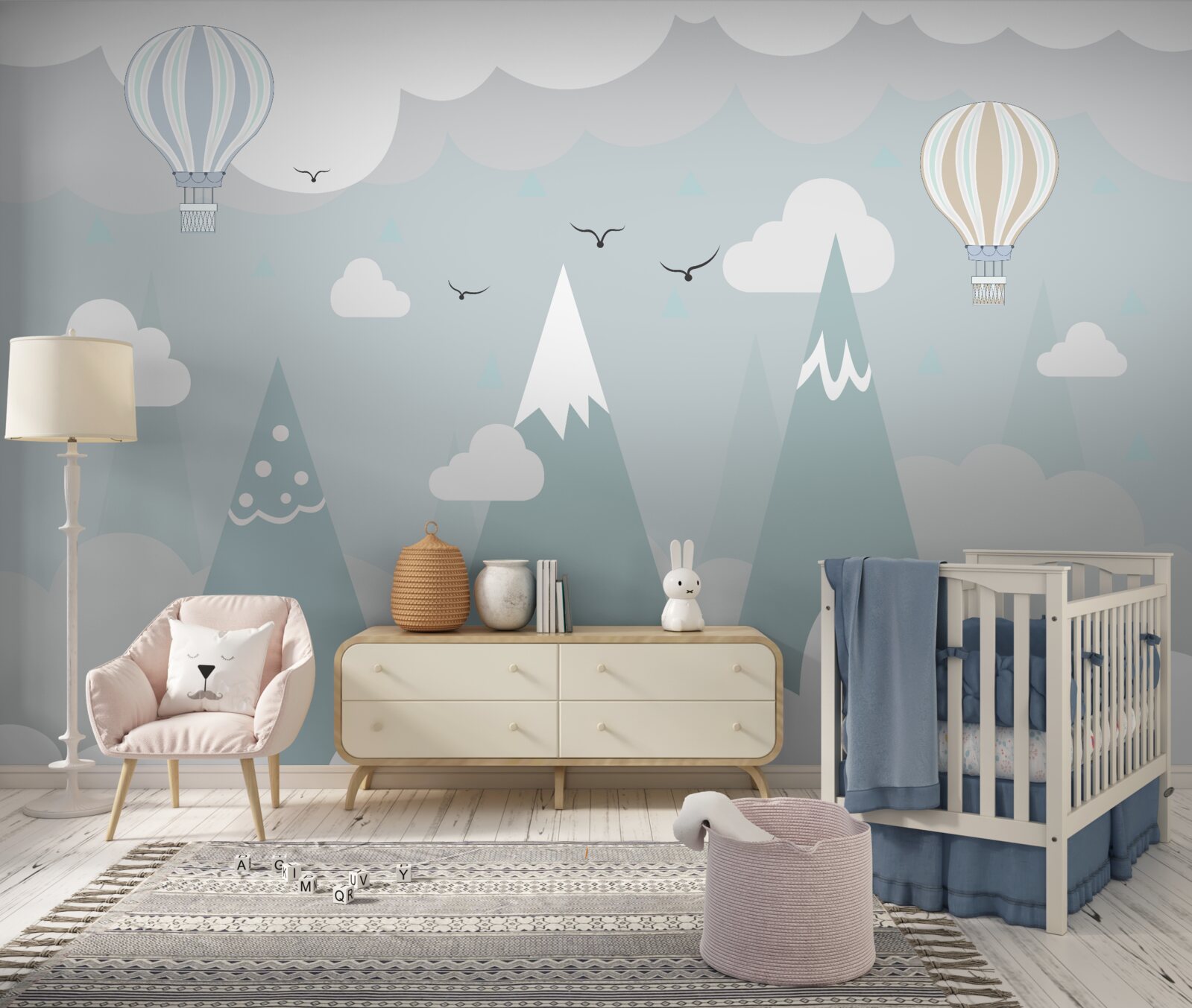 Papier peint ballons sur fond de montagnes