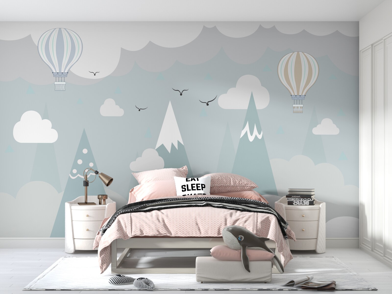 Papier peint ballons sur fond de montagnes