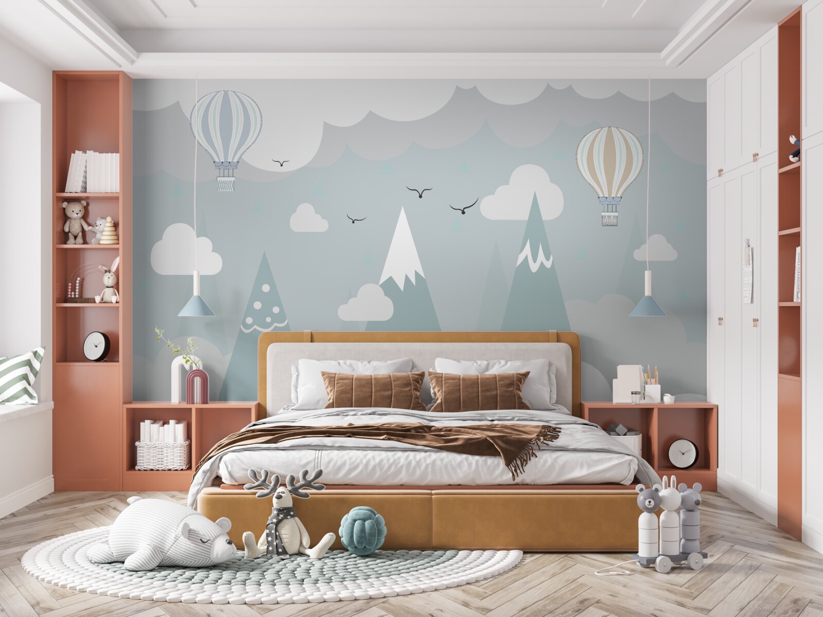 Papier peint ballons sur fond de montagnes