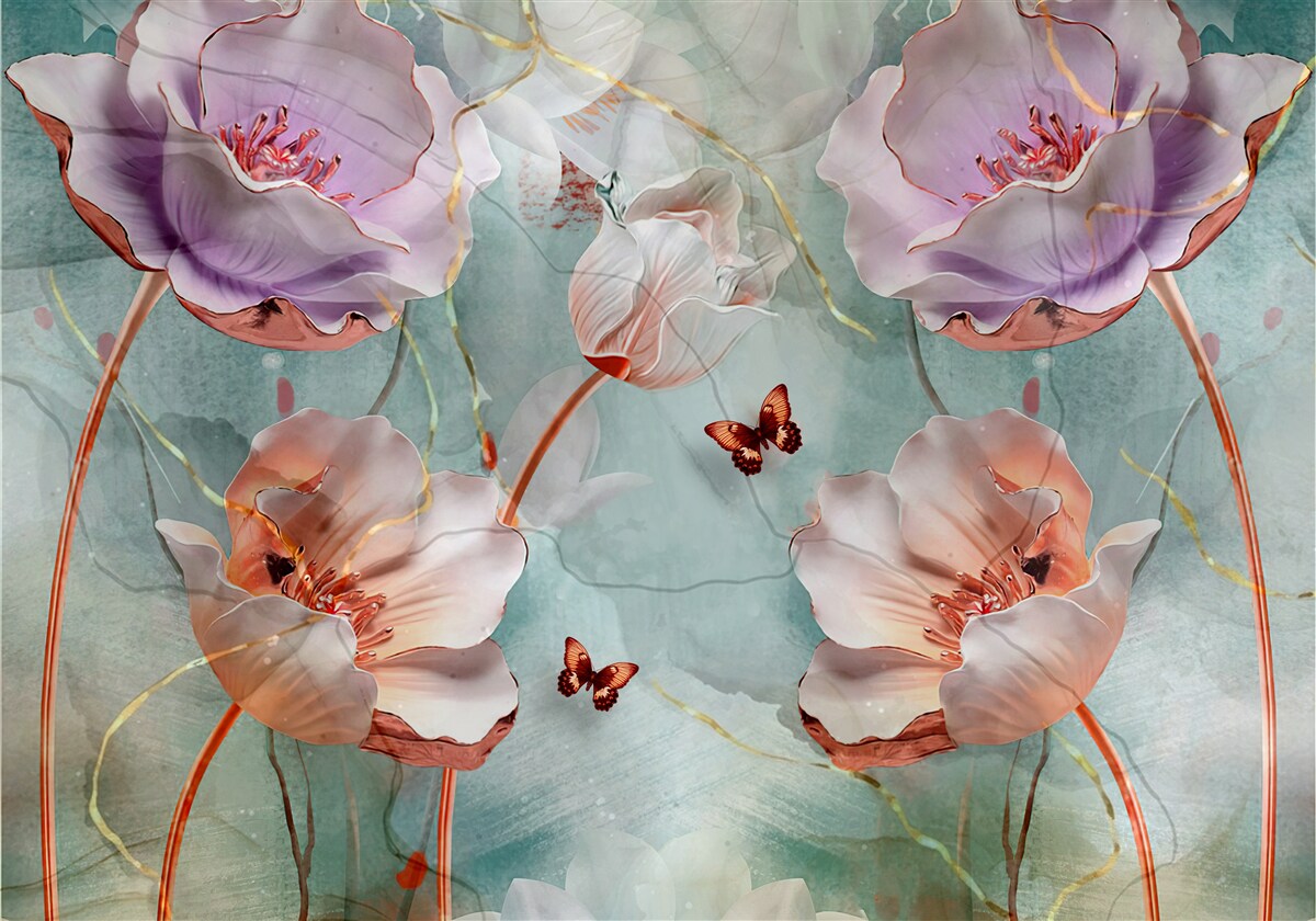 Papier peint divers coquelicots avec papillons flottants