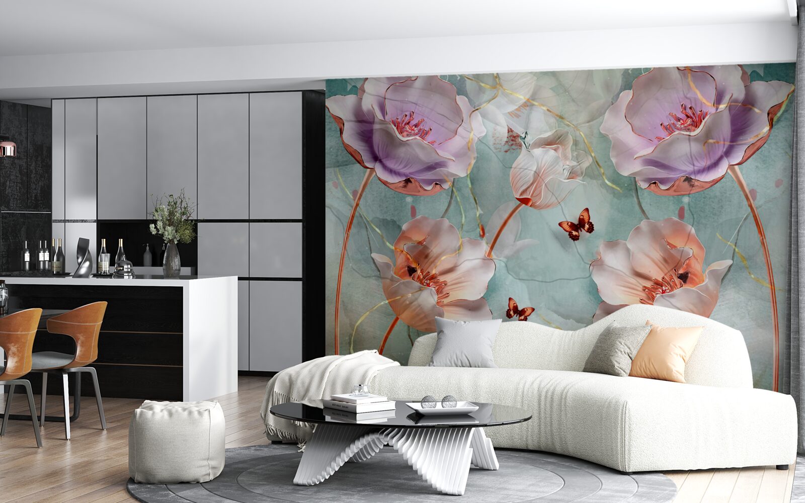 Papier peint divers coquelicots avec papillons flottants