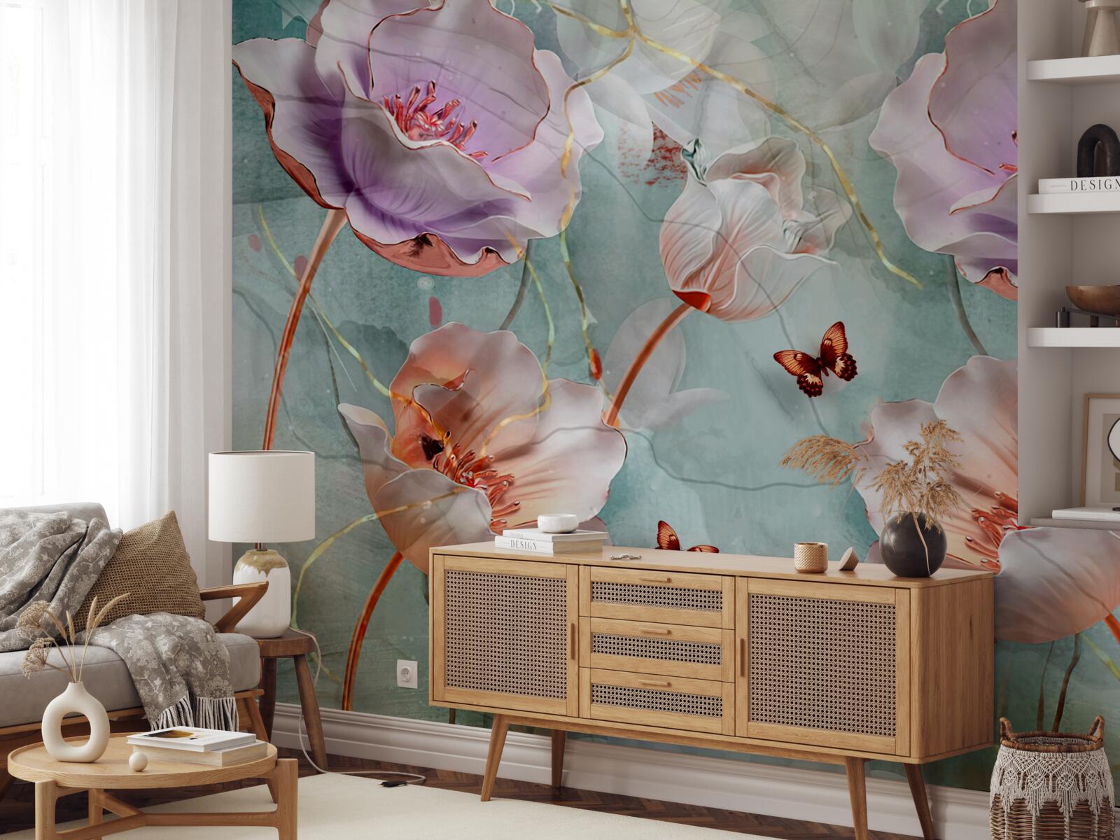 Papier peint divers coquelicots avec papillons flottants