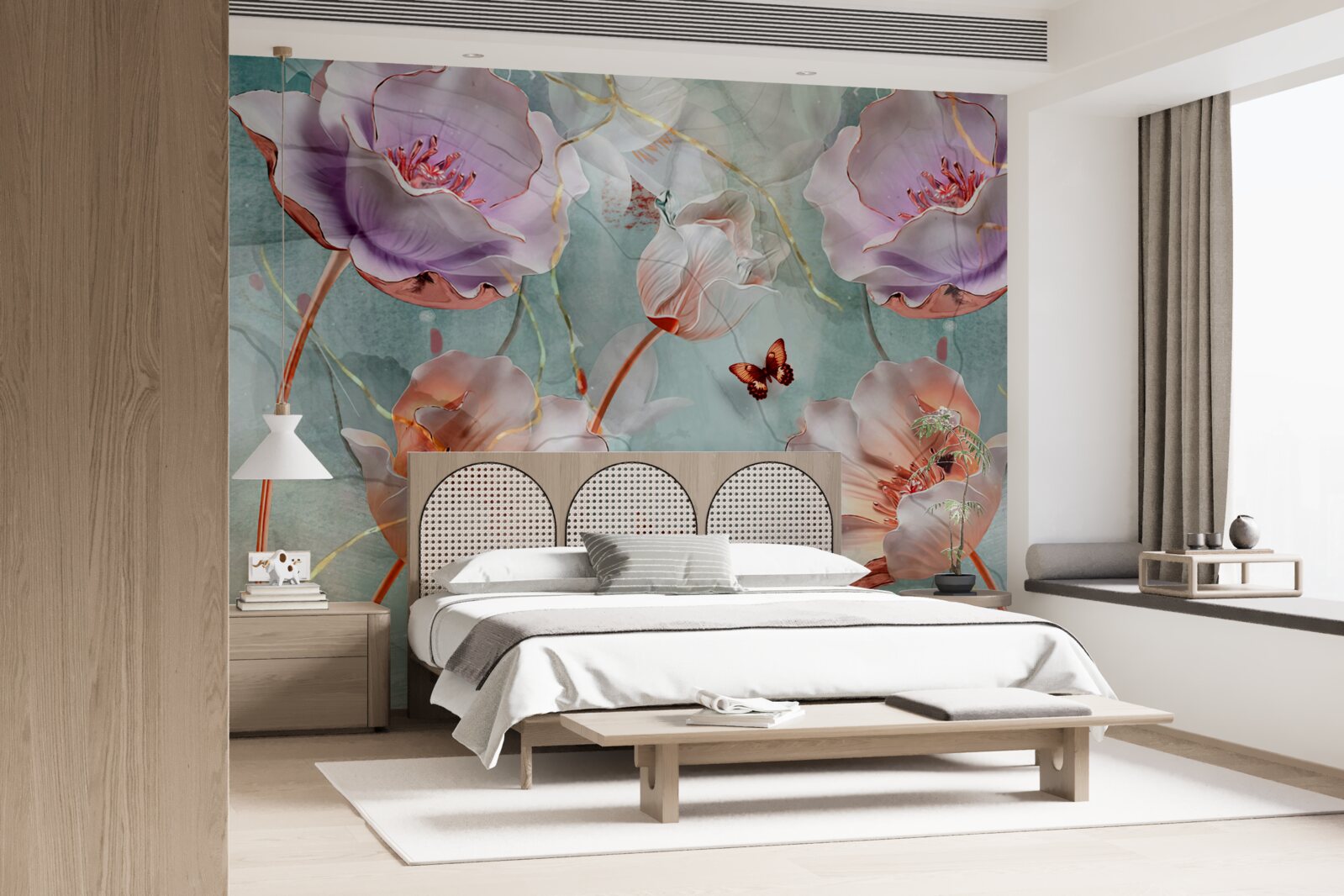 Papier peint divers coquelicots avec papillons flottants