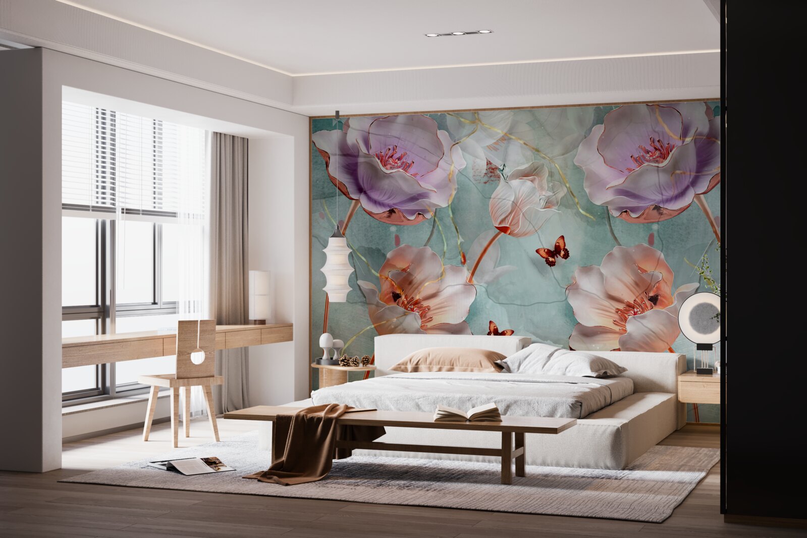 Papier peint divers coquelicots avec papillons flottants