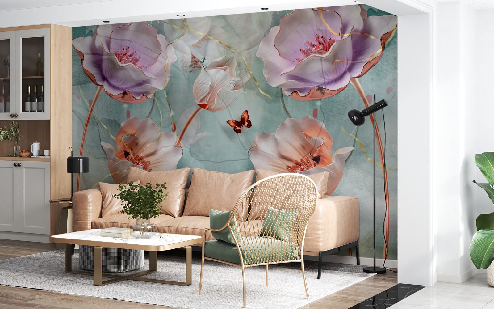 Papier peint divers coquelicots avec papillons flottants