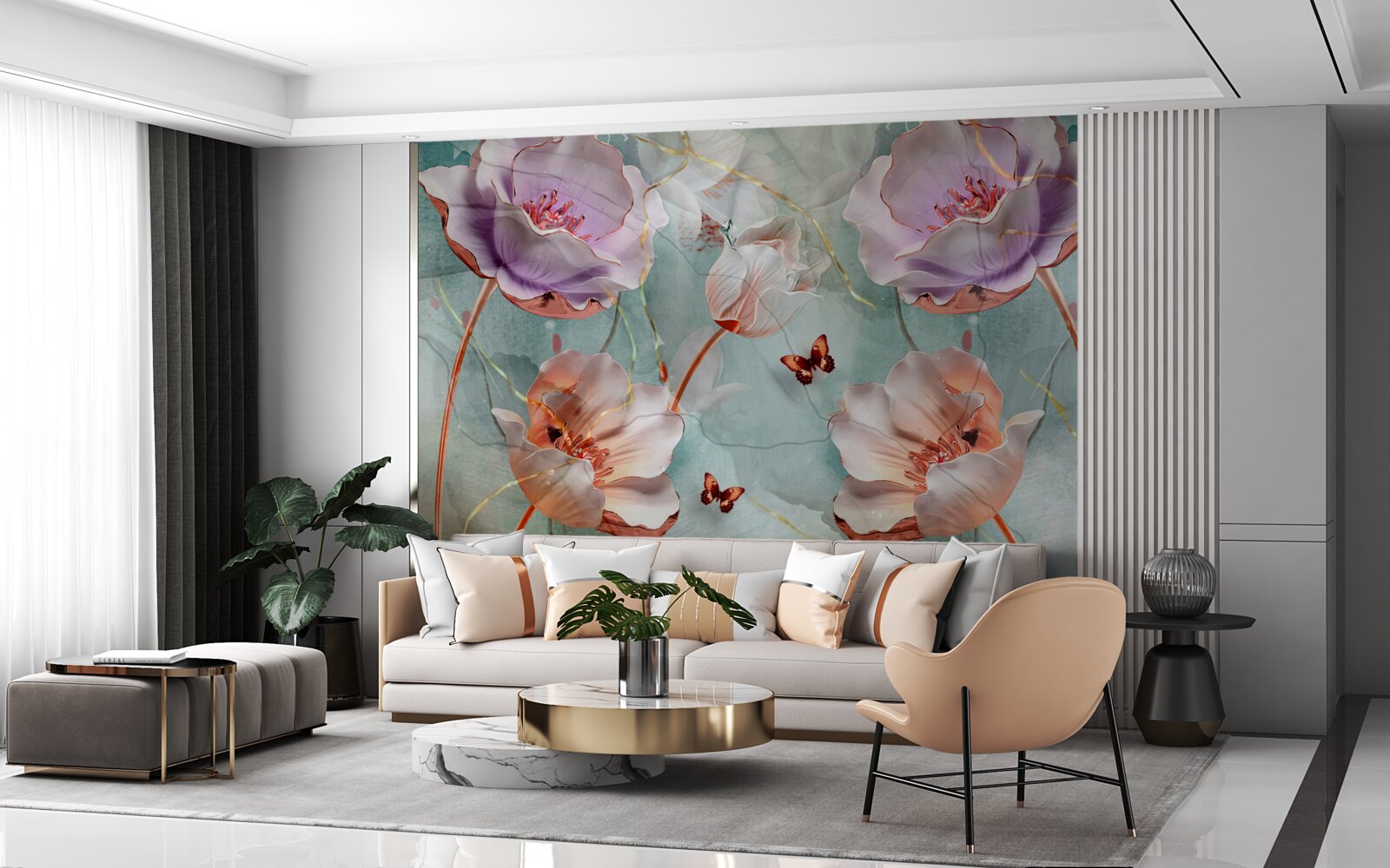 Papier peint divers coquelicots avec papillons flottants