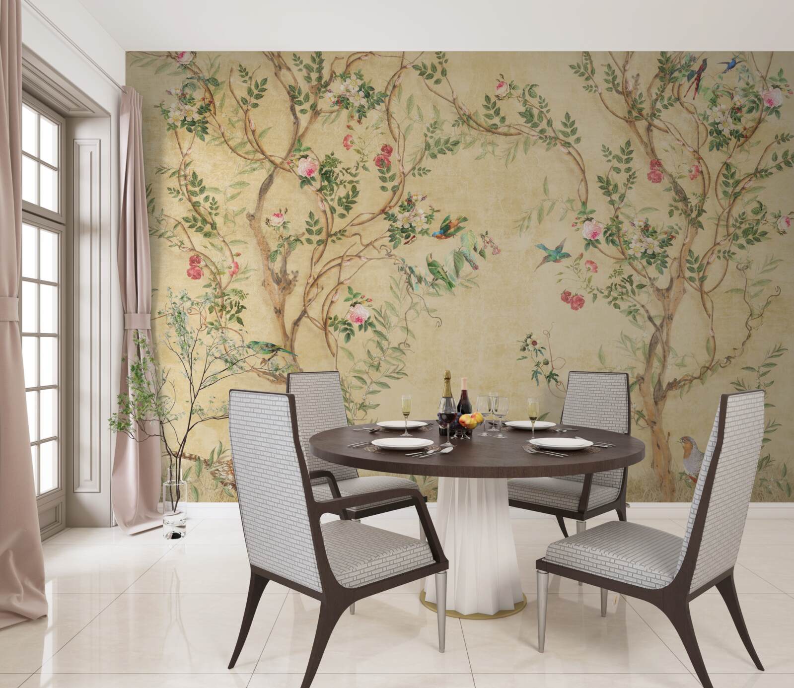 Papier peint arbres et oiseaux au printemps