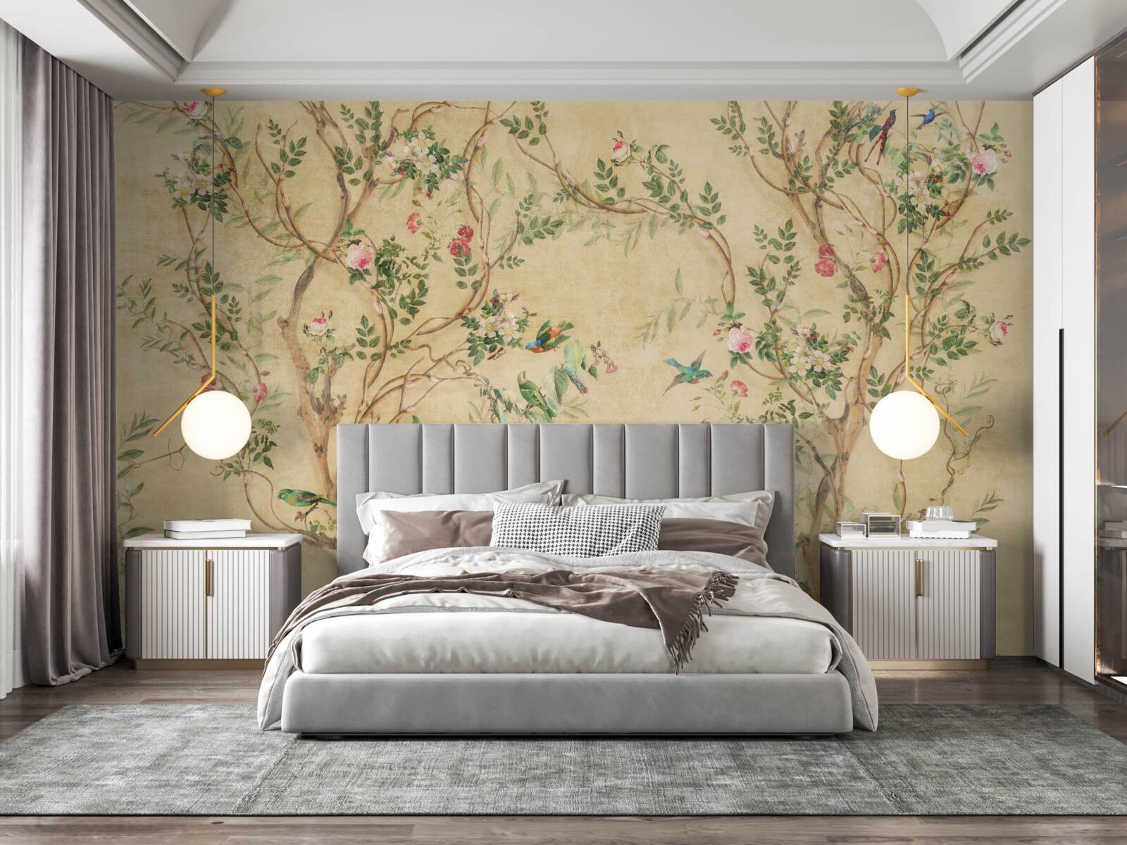 Papier peint arbres et oiseaux au printemps