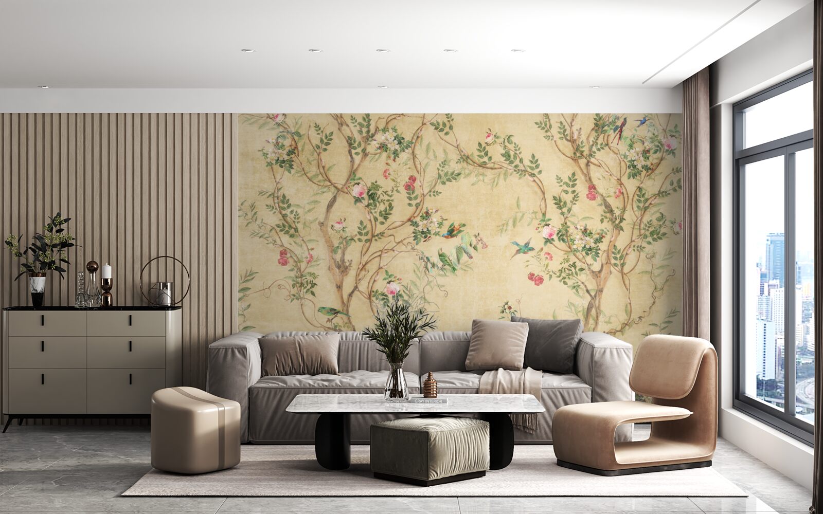 Papier peint arbres et oiseaux au printemps