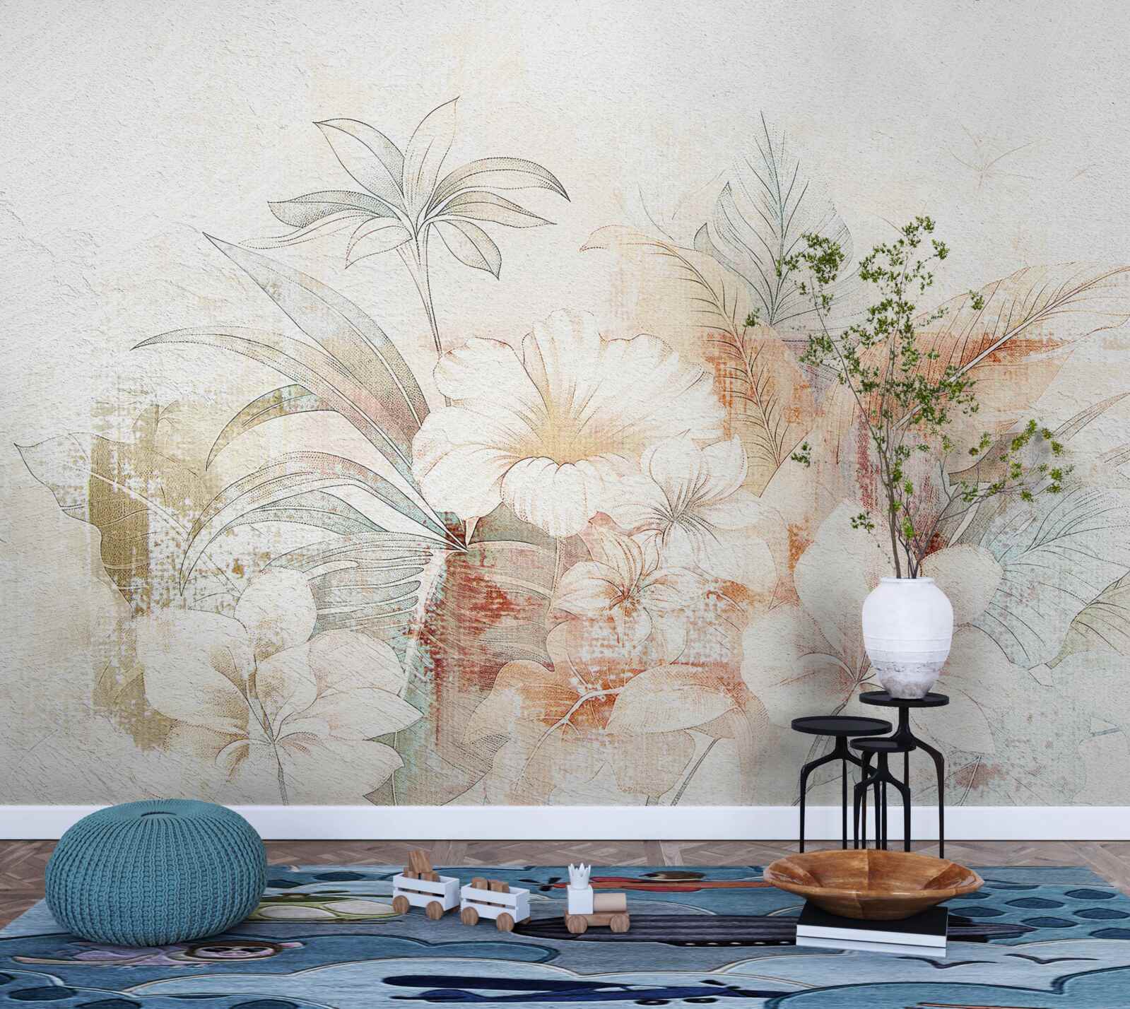 Papier peint fleurs et feuilles à l'aquarelle