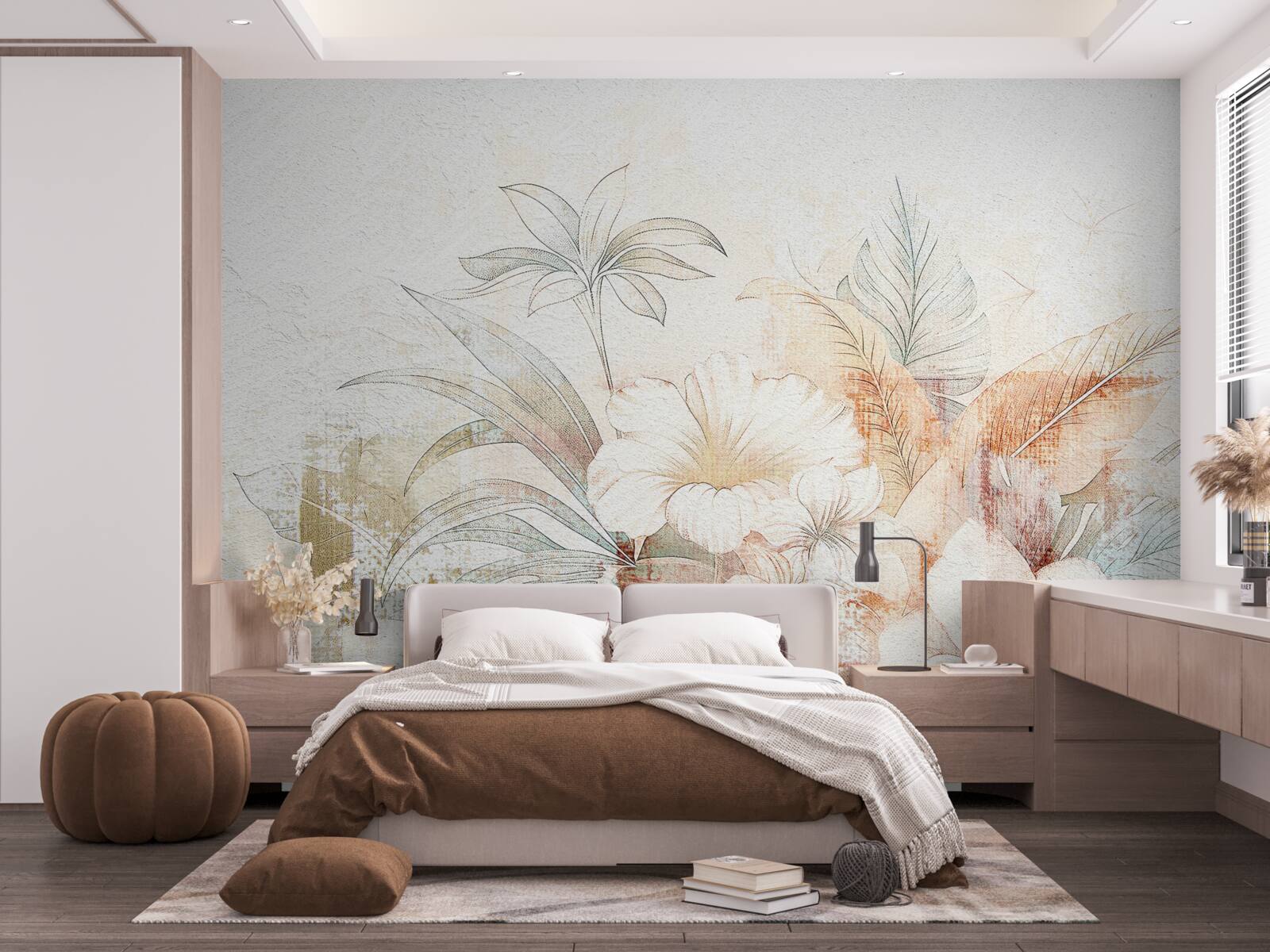 Papier peint fleurs et feuilles à l'aquarelle