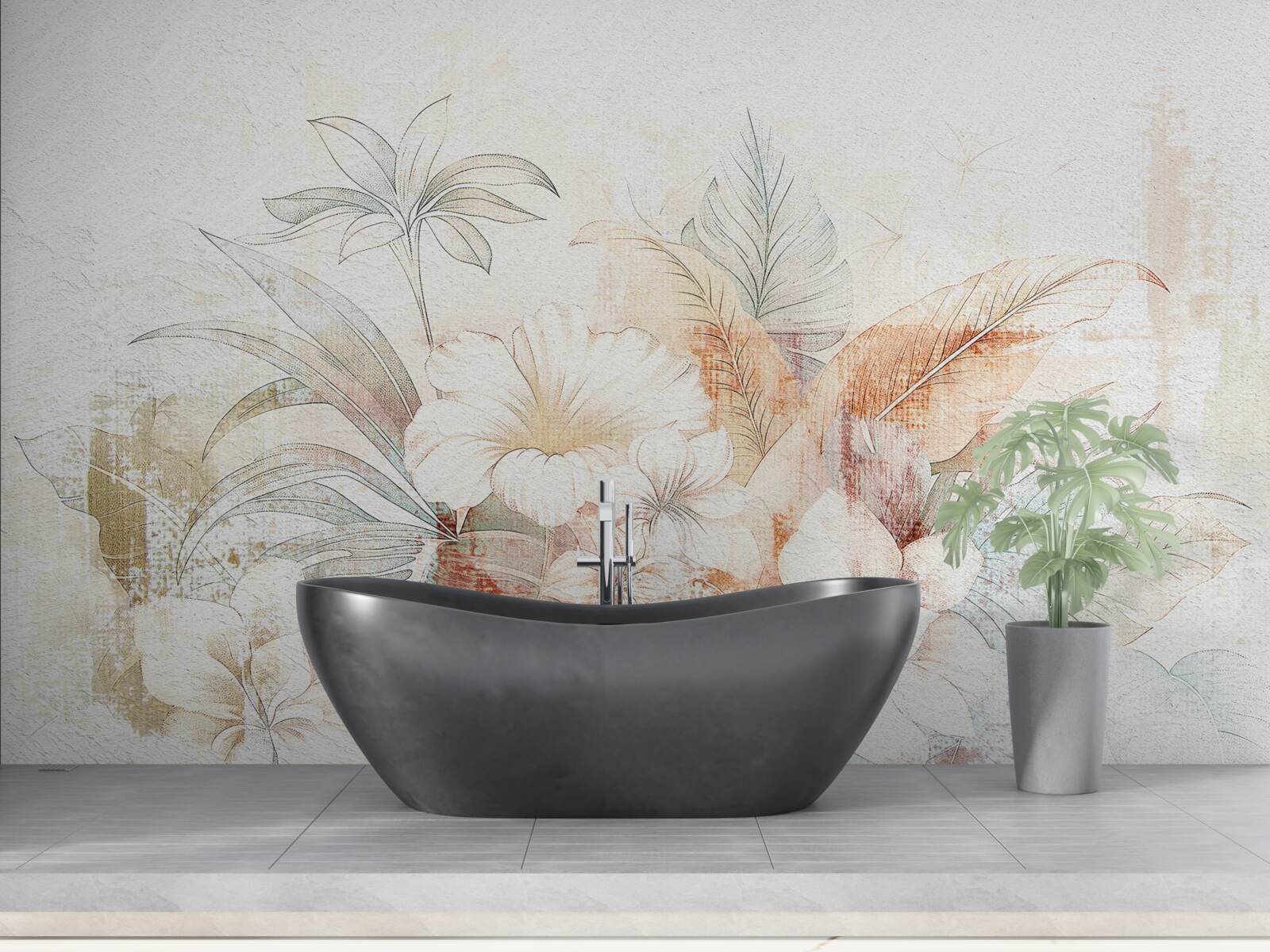 Papier peint fleurs et feuilles à l'aquarelle