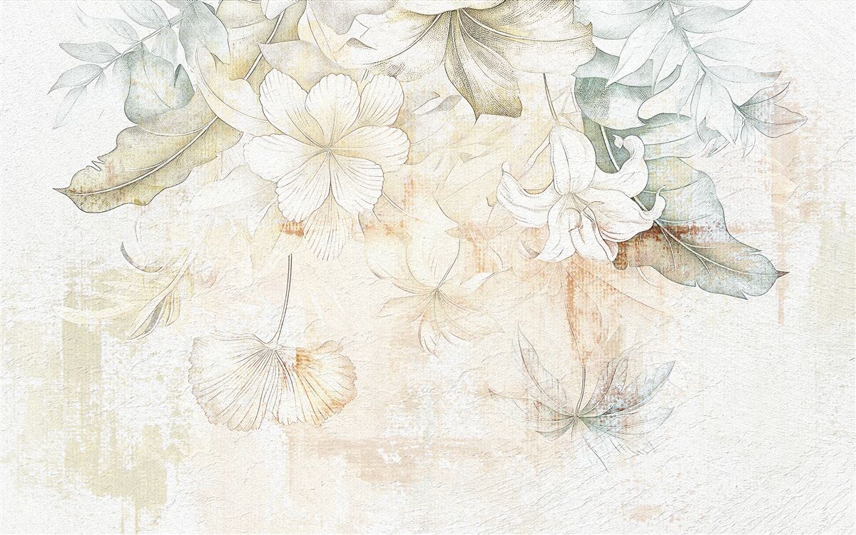 Papier peint feuilles et fleurs tropicales