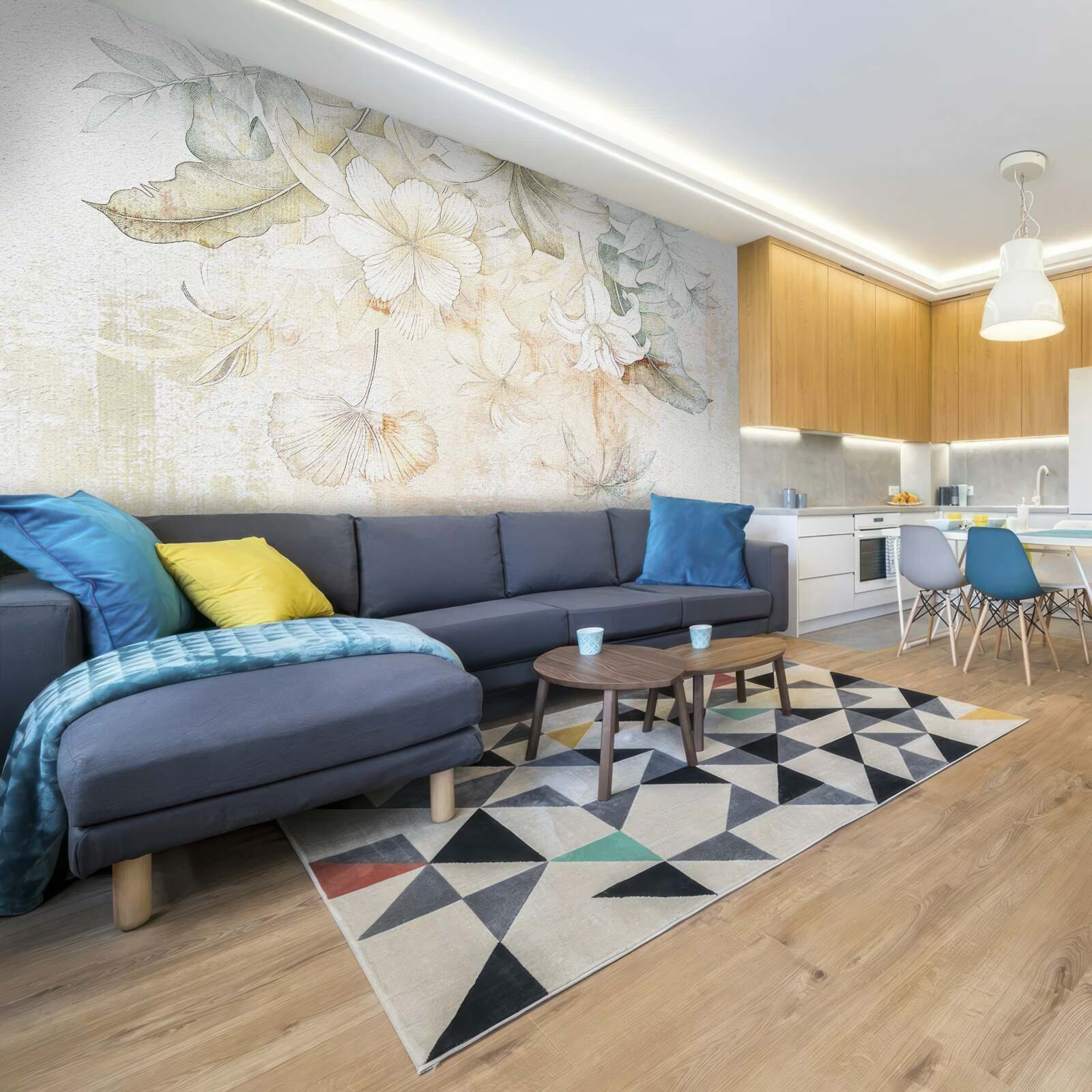 Papier peint feuilles et fleurs tropicales