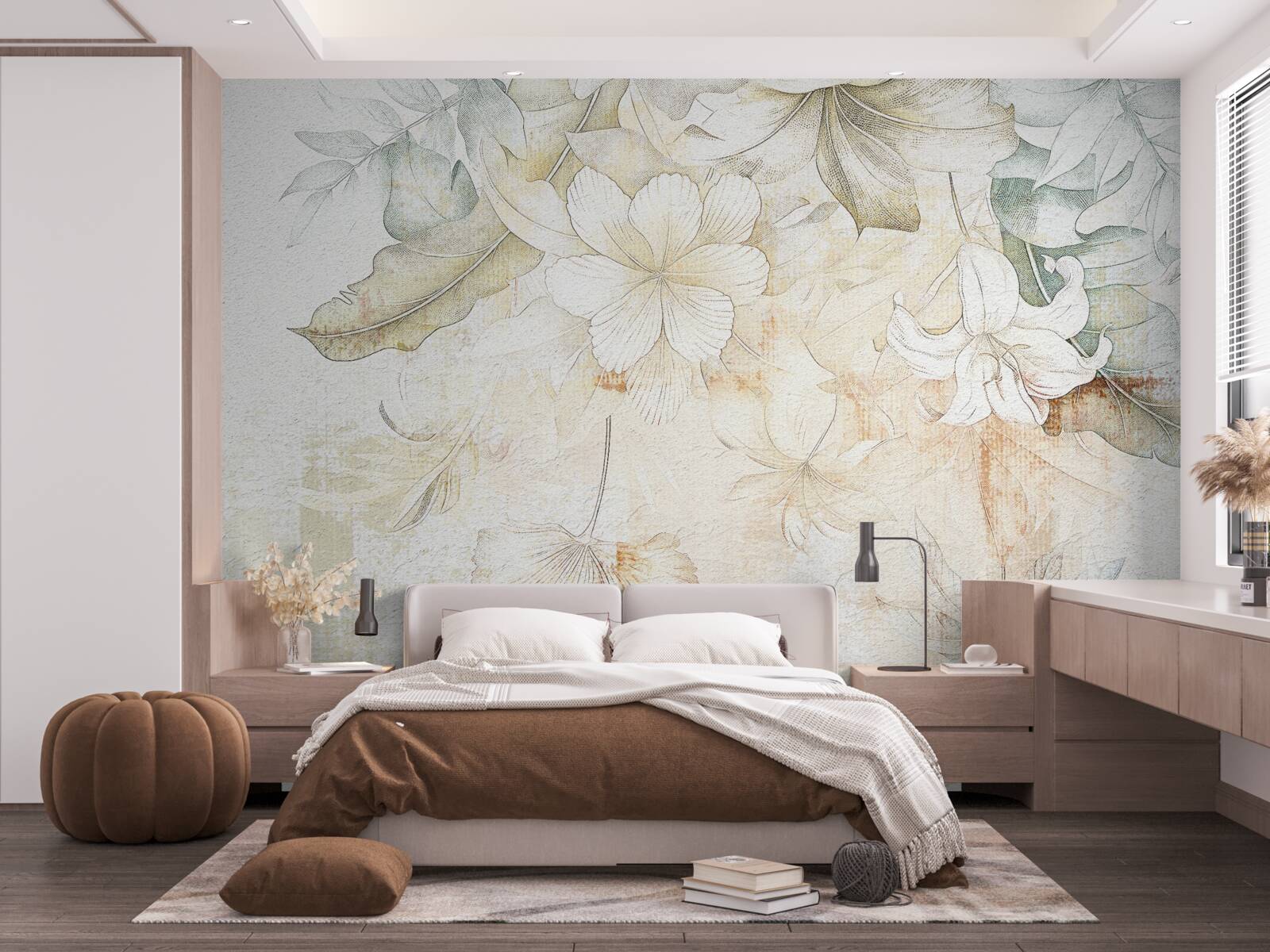 Papier peint feuilles et fleurs tropicales