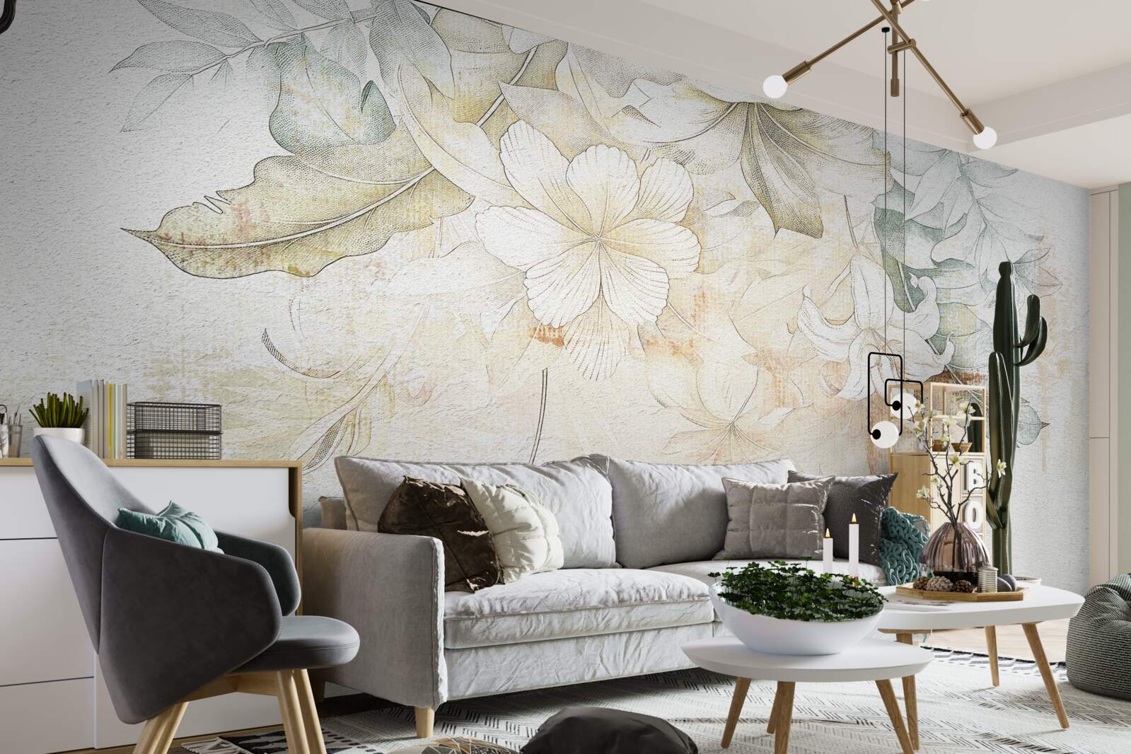 Papier peint feuilles et fleurs tropicales