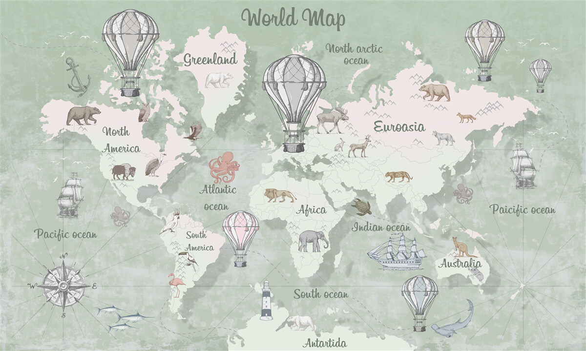 Papier peint carte du monde avec les continents marqués