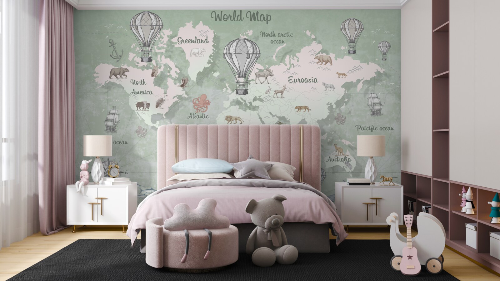 Papier peint carte du monde avec les continents marqués