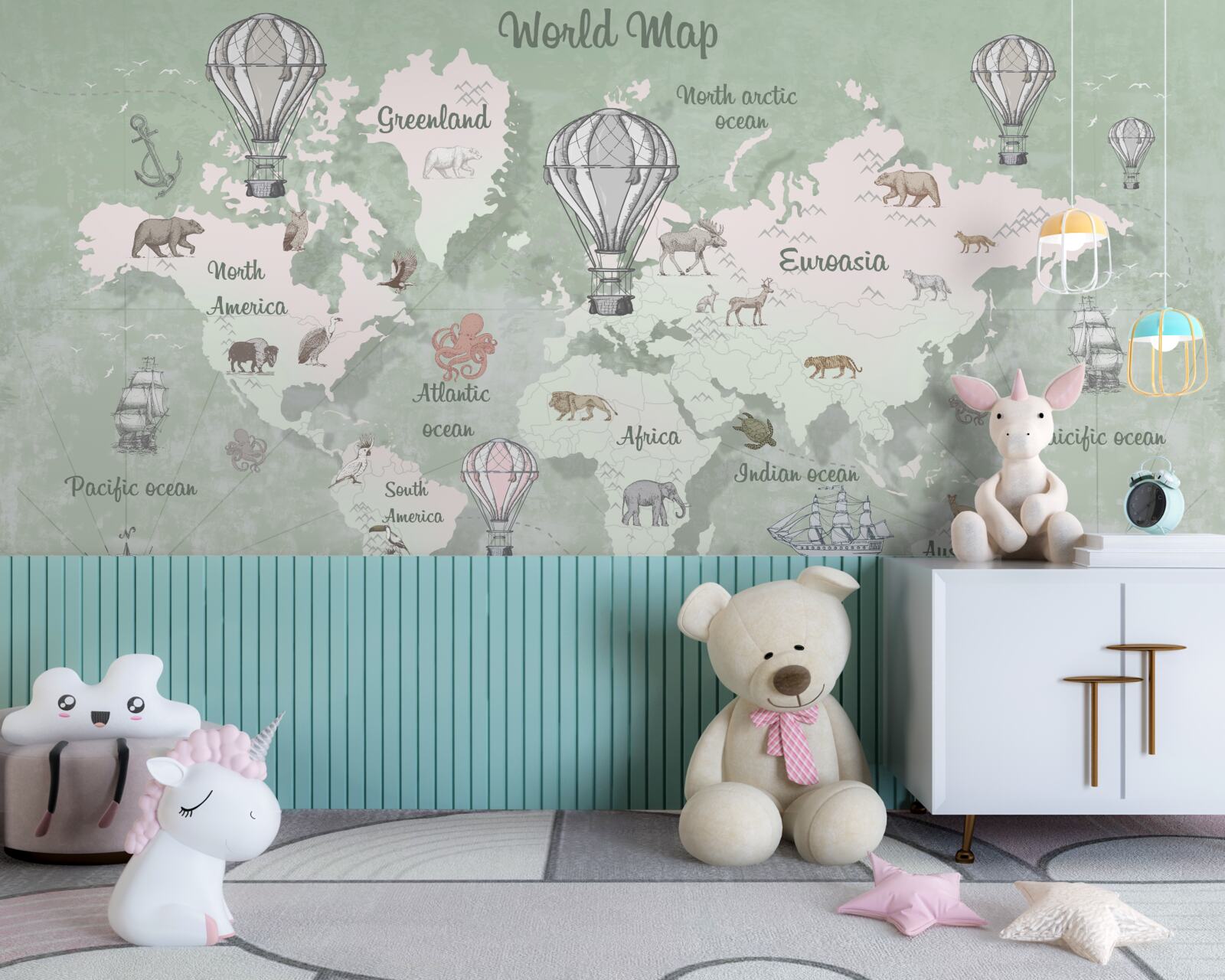 Papier peint carte du monde avec les continents marqués