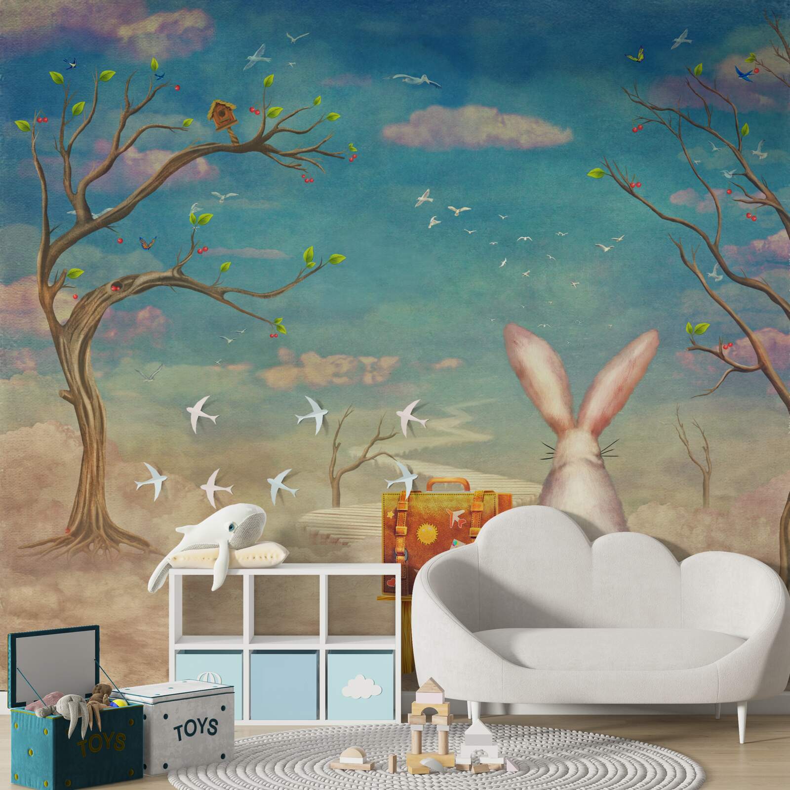 Papier peint un lapin s'assoit sur un banc et attend