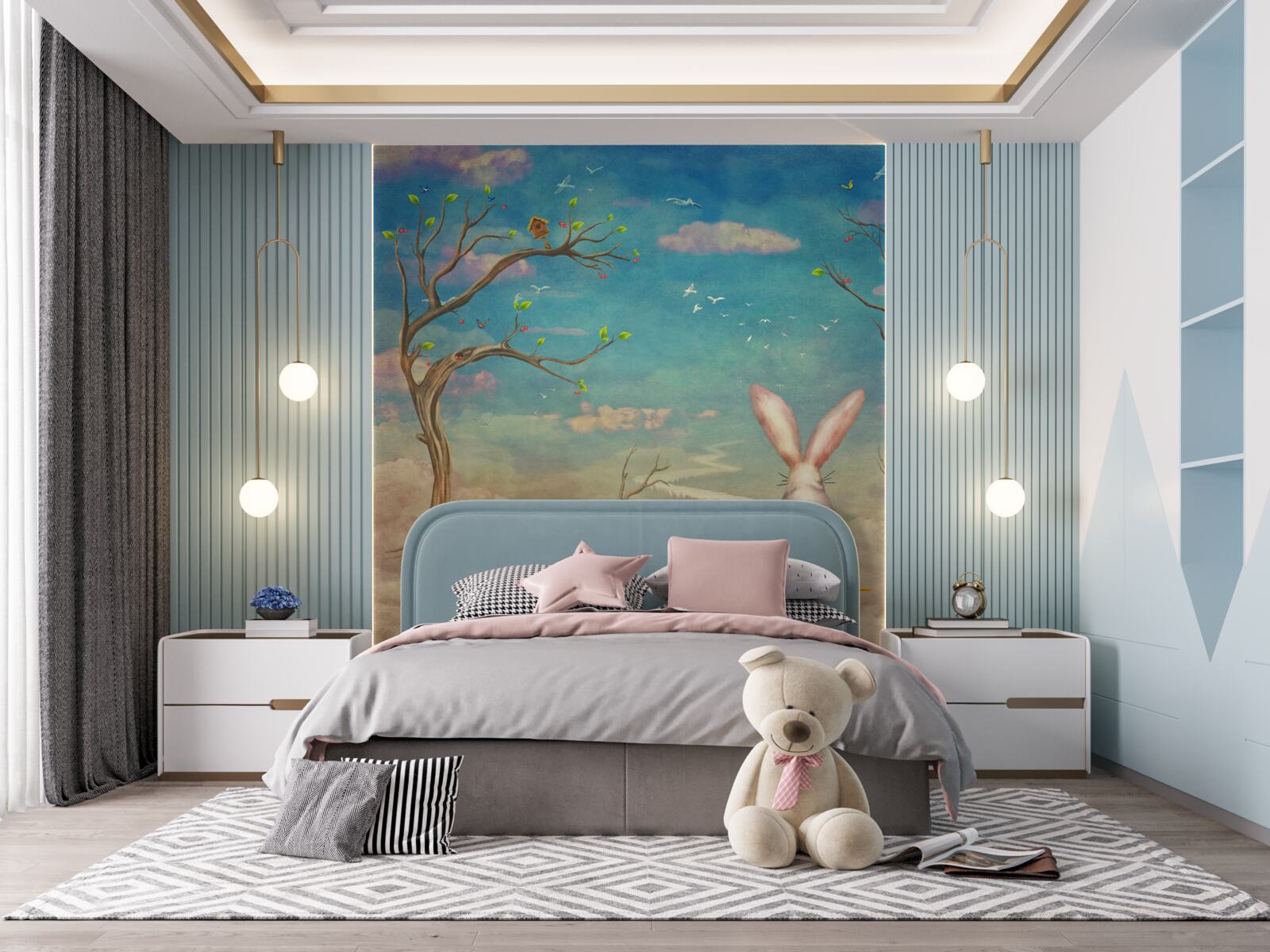 Papier peint un lapin s'assoit sur un banc et attend