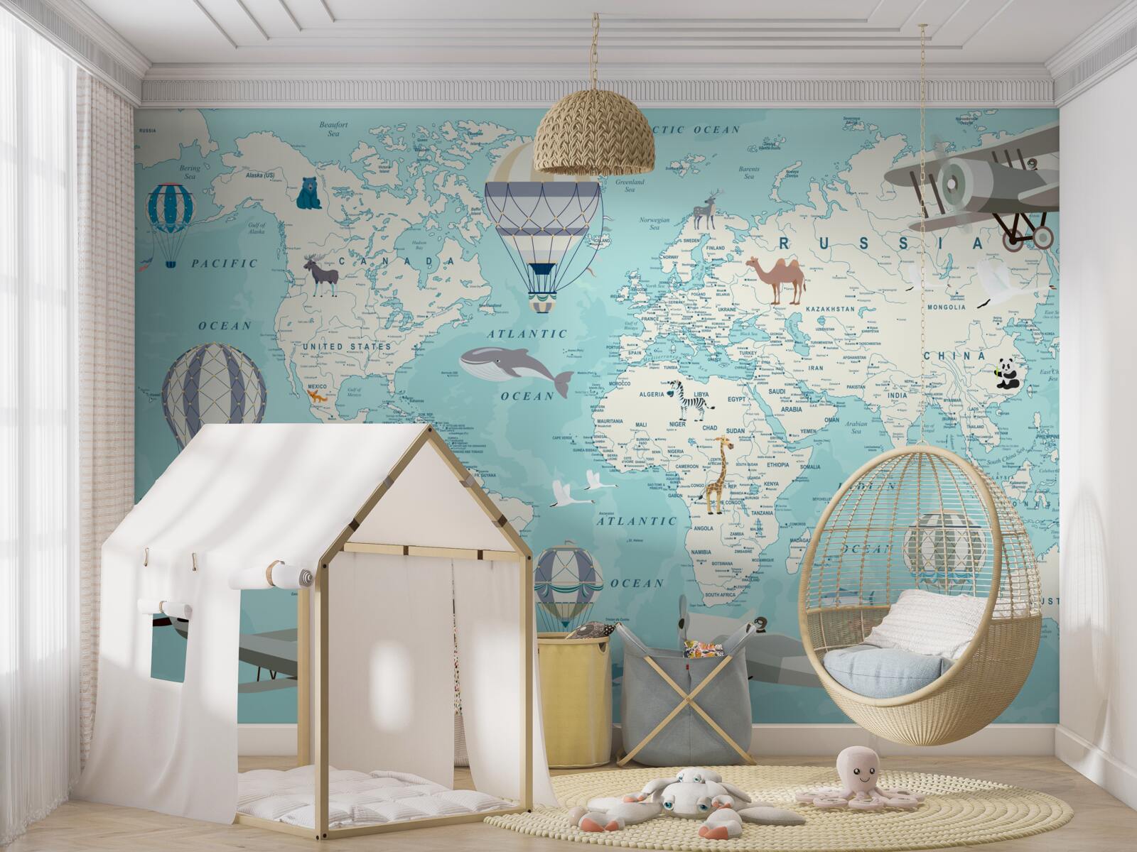 Papier peint carte du monde en nuances de bleu pour un garçon