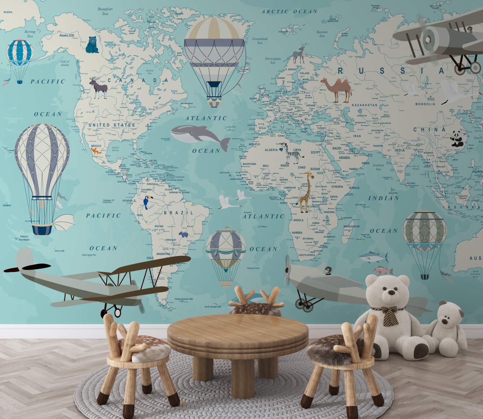 Papier peint carte du monde en nuances de bleu pour un garçon