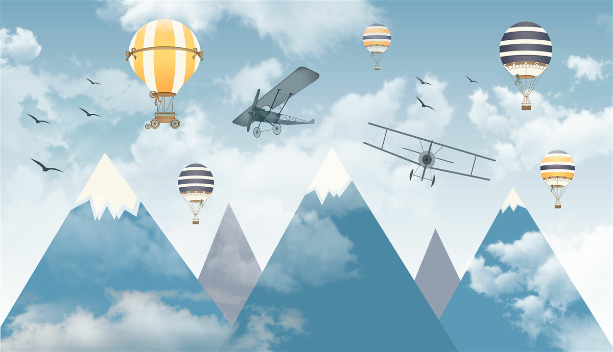 Papier peint vol d'avions et de ballons au-dessus de la chaîne de montagnes