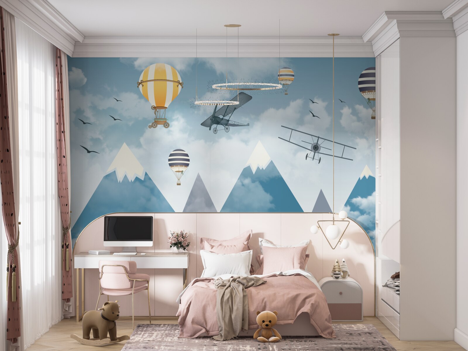 Papier peint vol d'avions et de ballons au-dessus de la chaîne de montagnes