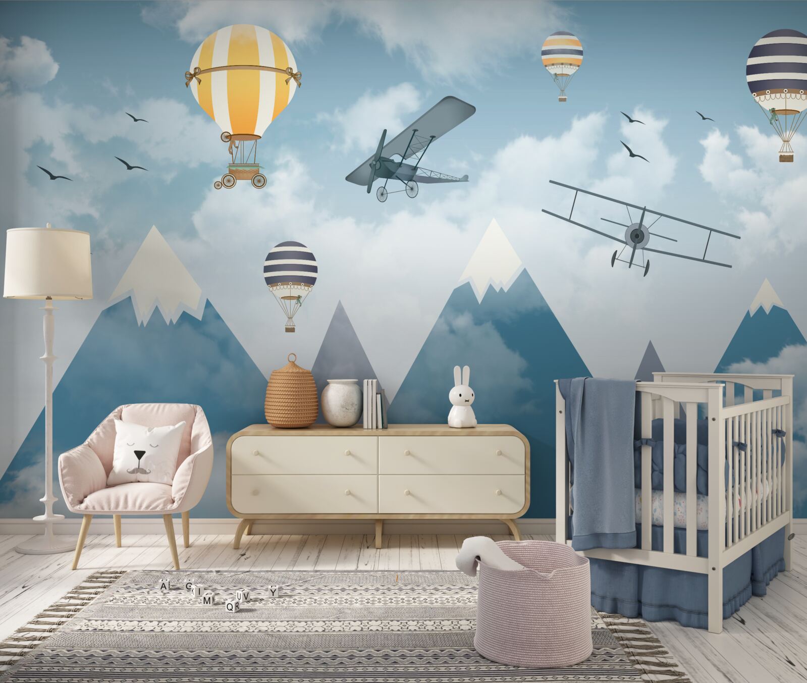 Papier peint vol d'avions et de ballons au-dessus de la chaîne de montagnes