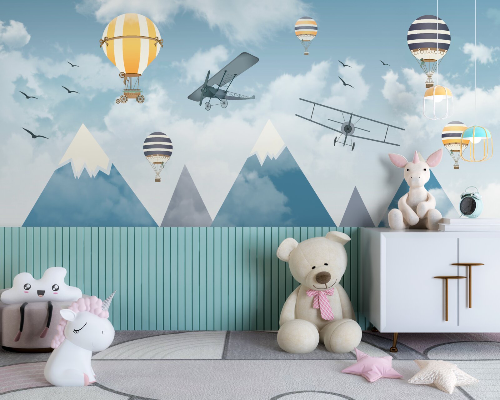 Papier peint vol d'avions et de ballons au-dessus de la chaîne de montagnes