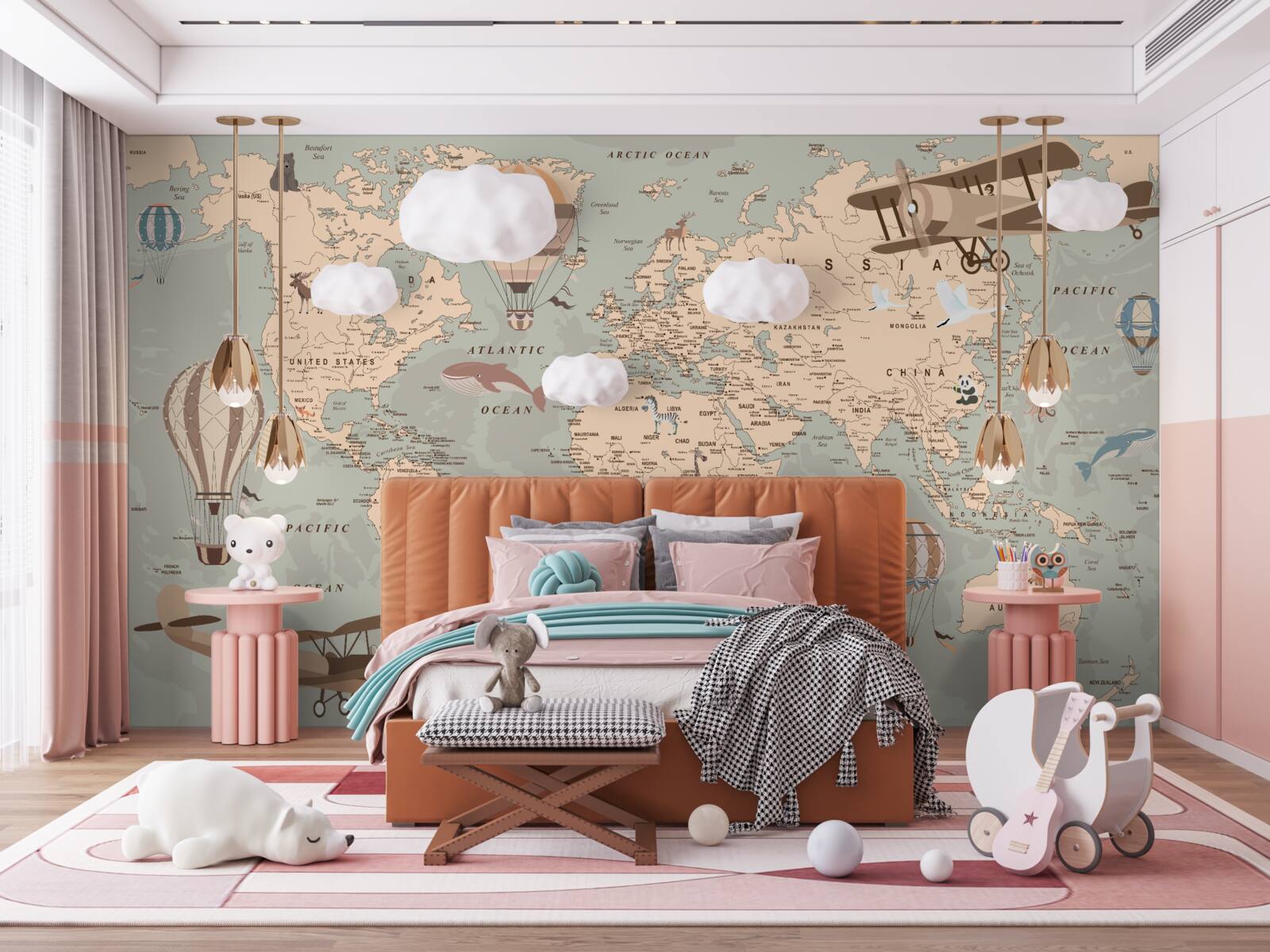 Papier peint carte du monde avec des images d'animaux et de transports