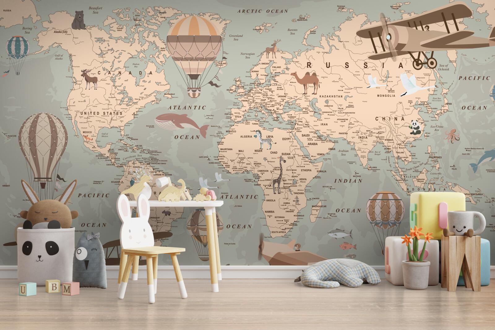 Papier peint carte du monde avec des images d'animaux et de transports