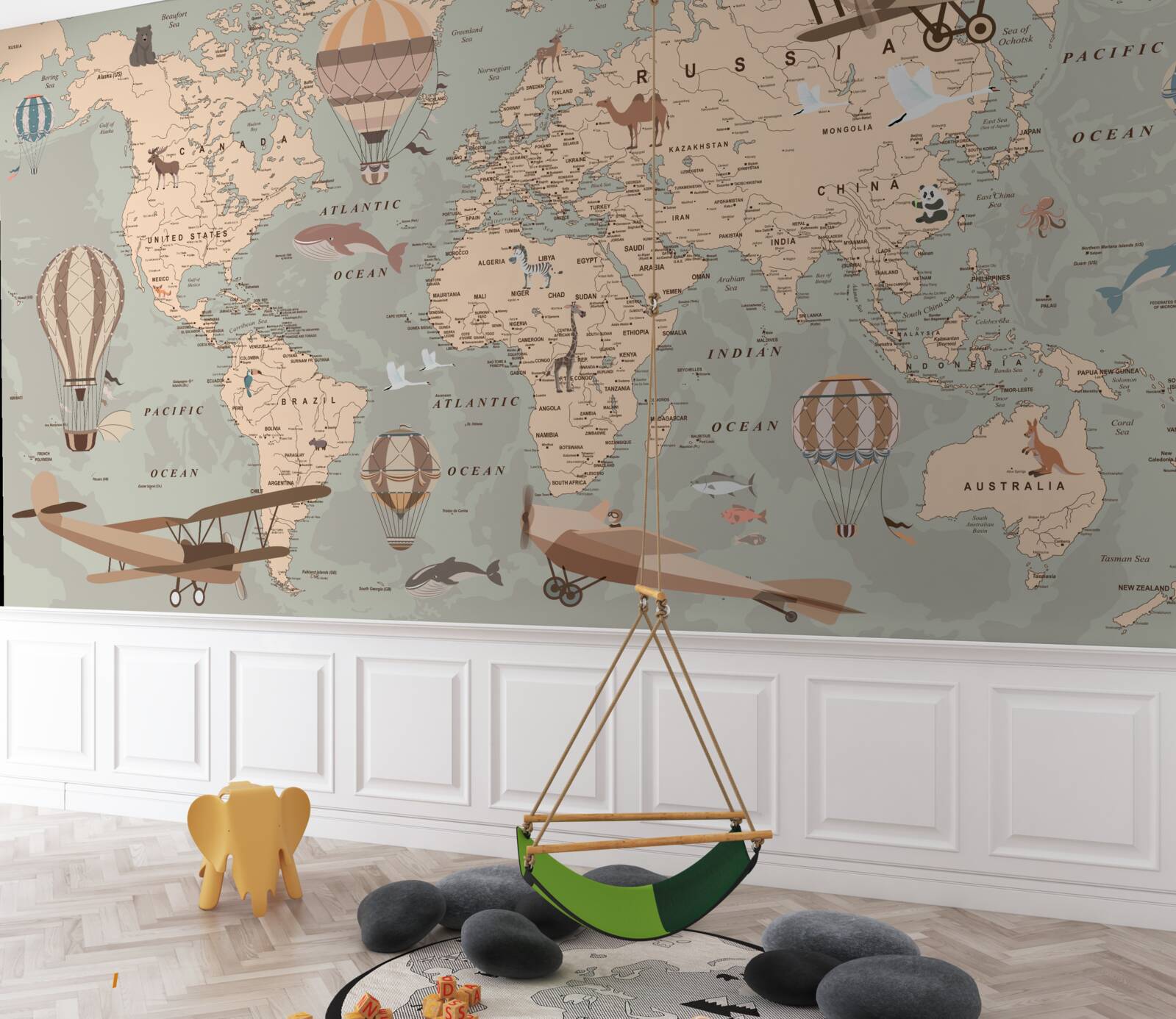 Papier peint carte du monde avec des images d'animaux et de transports