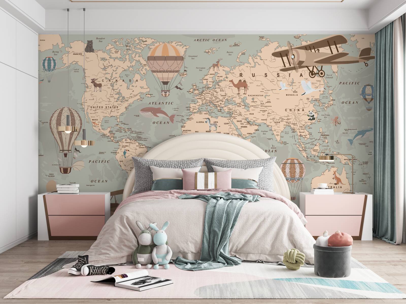 Papier peint carte du monde avec des images d'animaux et de transports