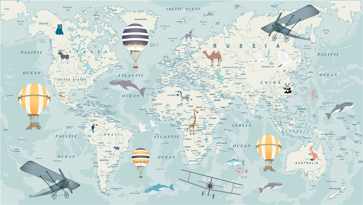 Papier peint carte du monde montrant les transports et les animaux