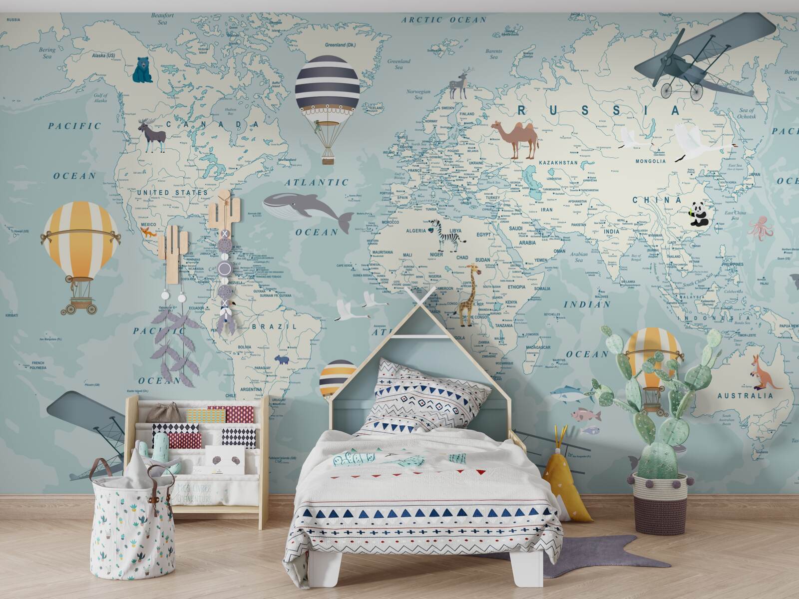 Papier peint carte du monde montrant les transports et les animaux