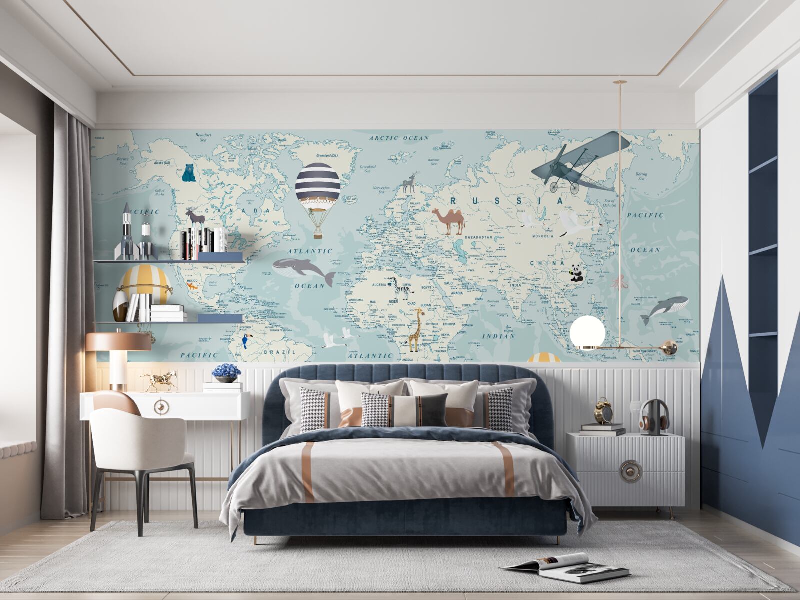 Papier peint carte du monde montrant les transports et les animaux