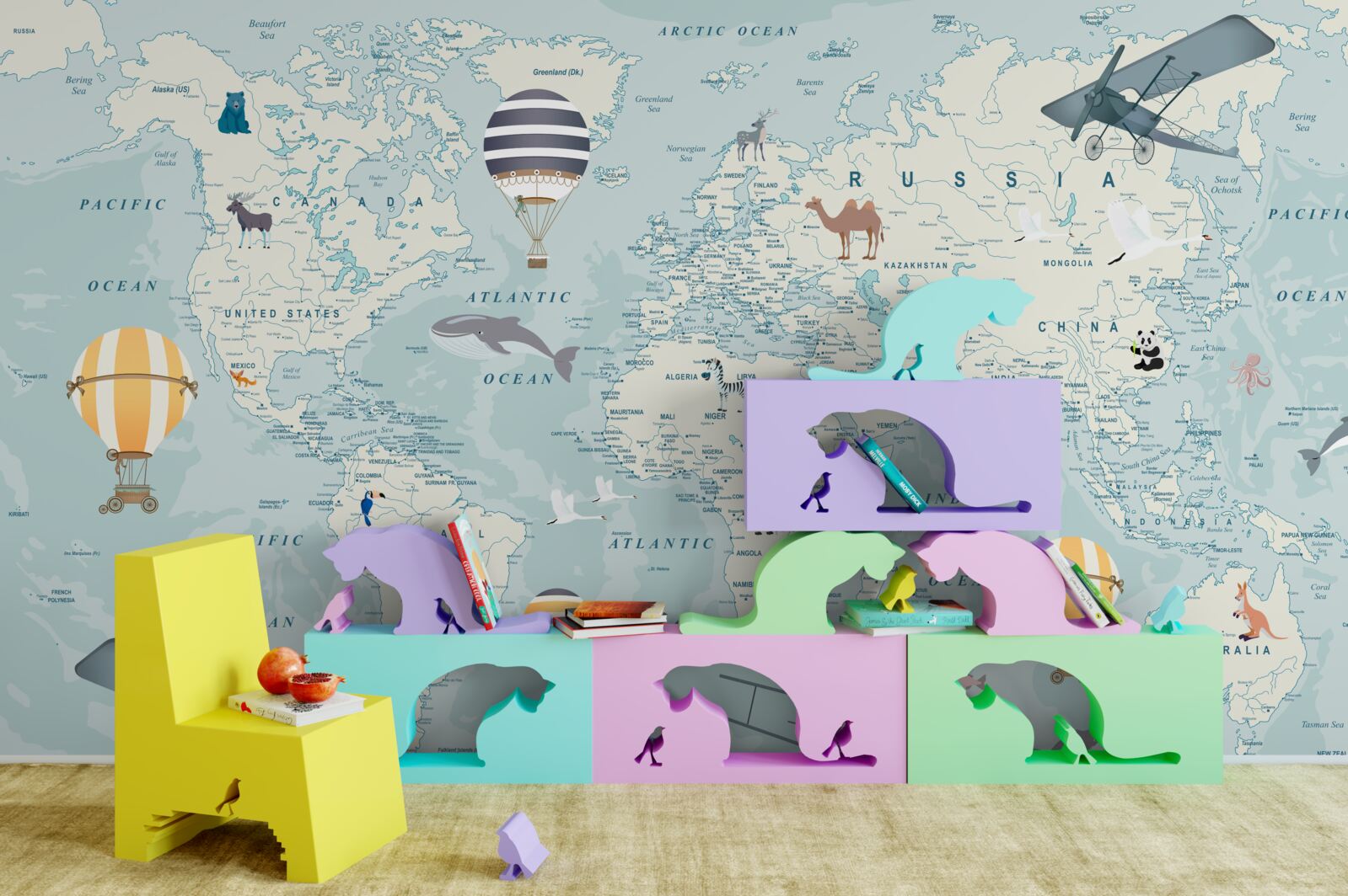 Papier peint carte du monde montrant les transports et les animaux