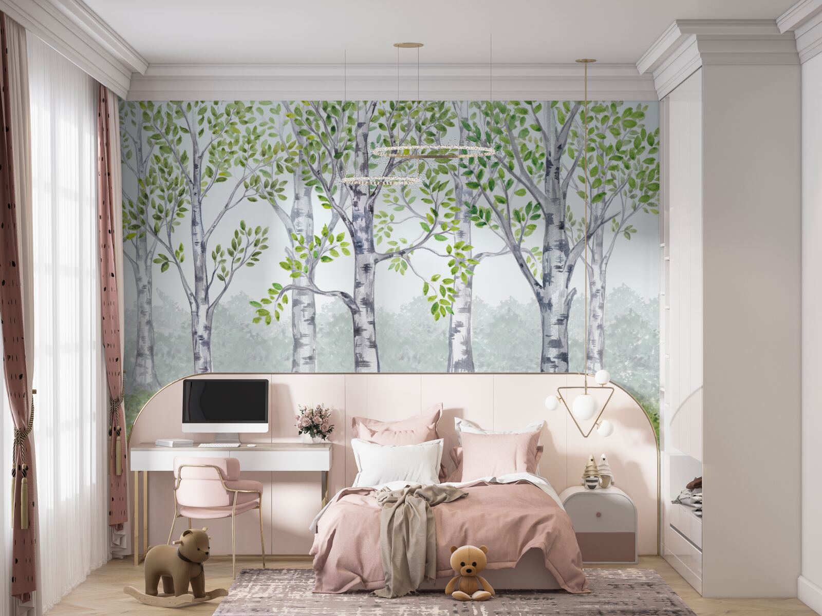 Papier peint aquarelle représentant un bosquet de bouleaux