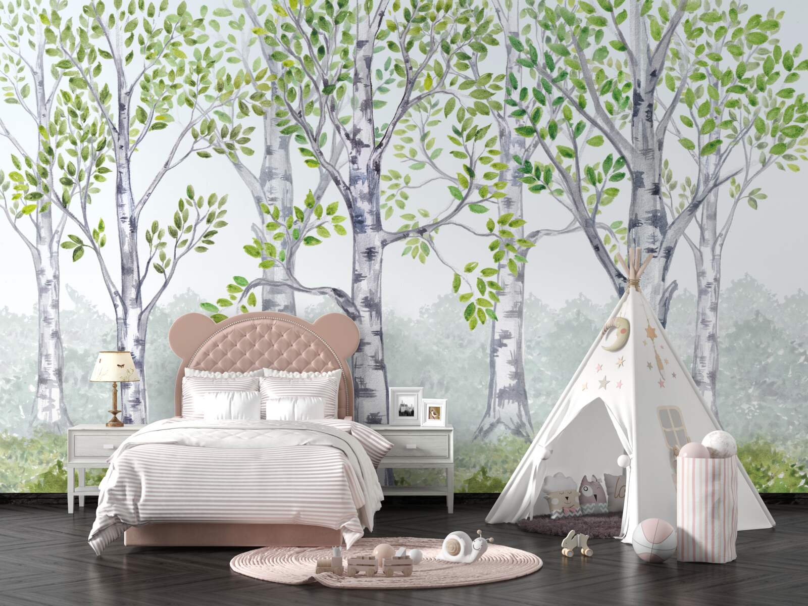 Papier peint aquarelle représentant un bosquet de bouleaux