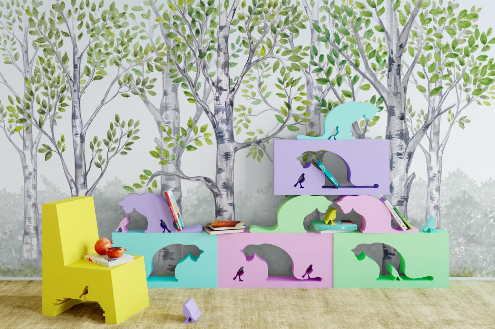 Papier peint aquarelle représentant un bosquet de bouleaux