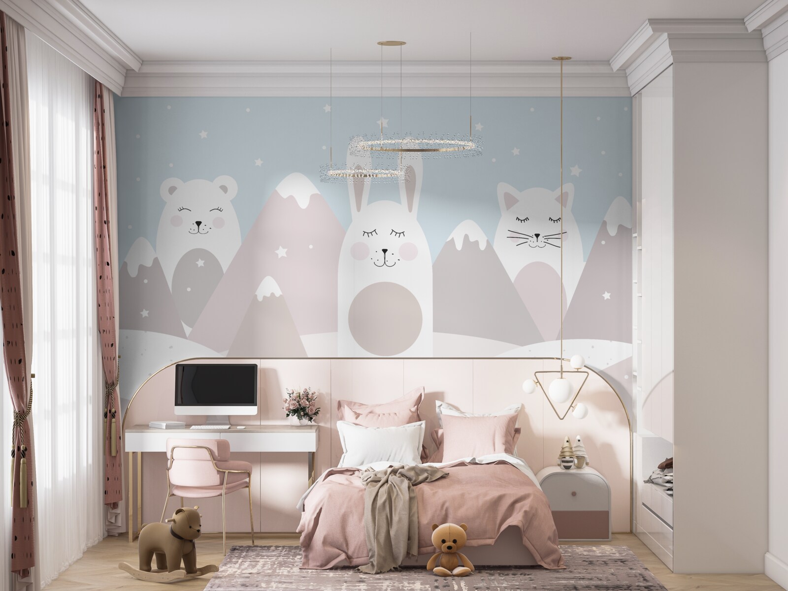 Papier peint lapin et chaton dans les montagnes