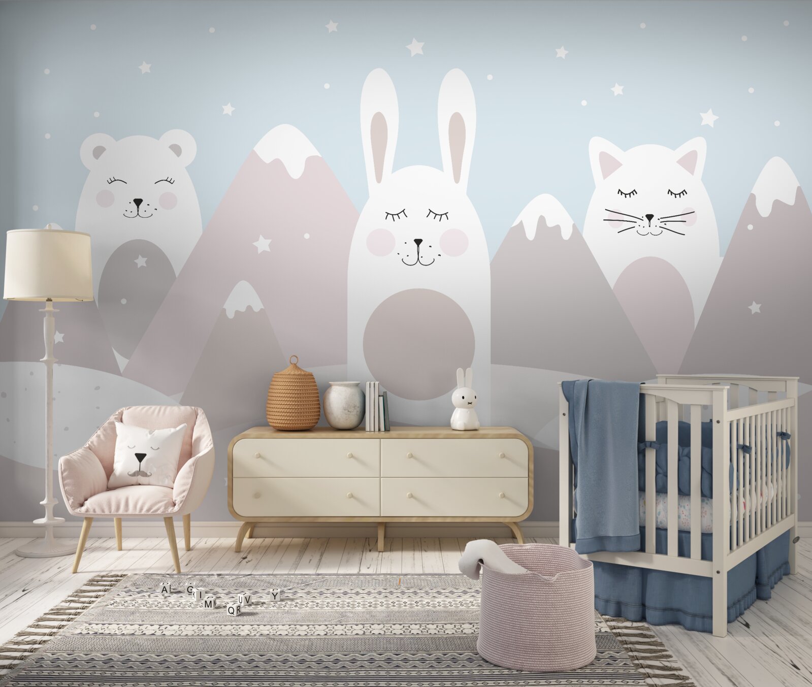 Papier peint lapin et chaton dans les montagnes