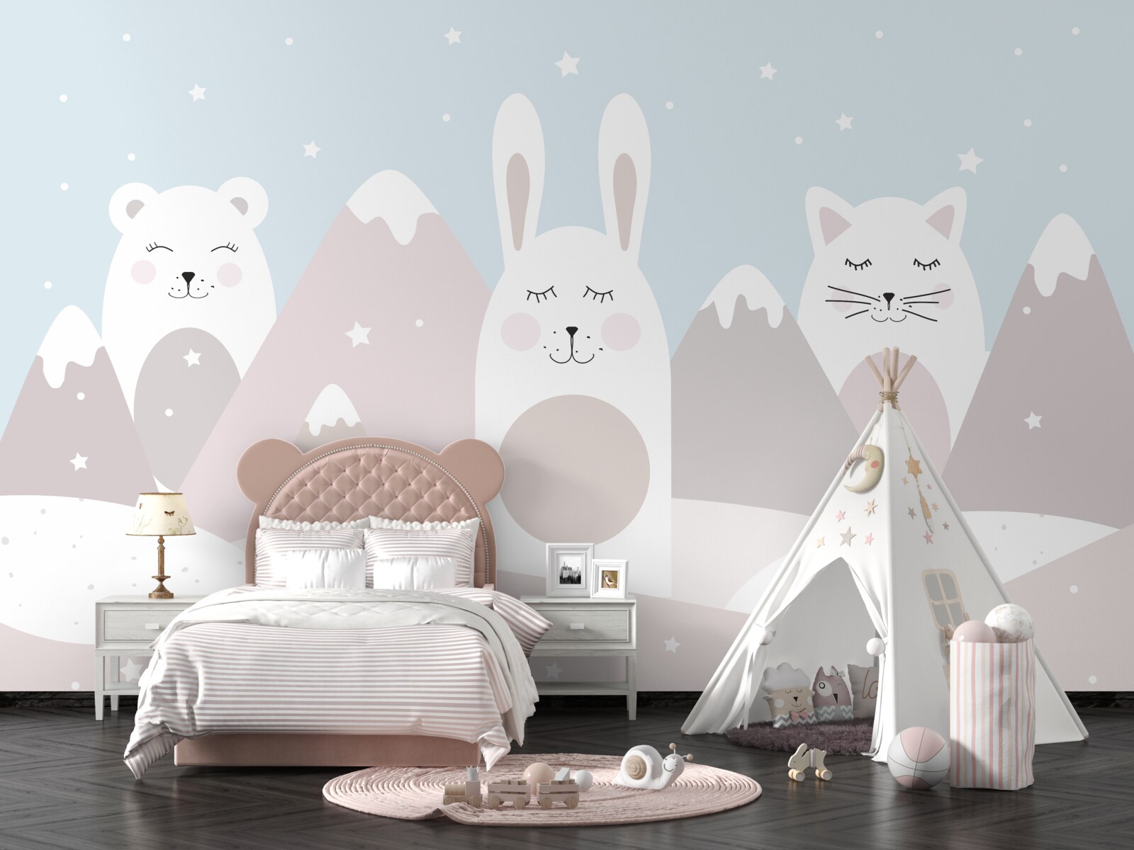 Papier peint lapin et chaton dans les montagnes