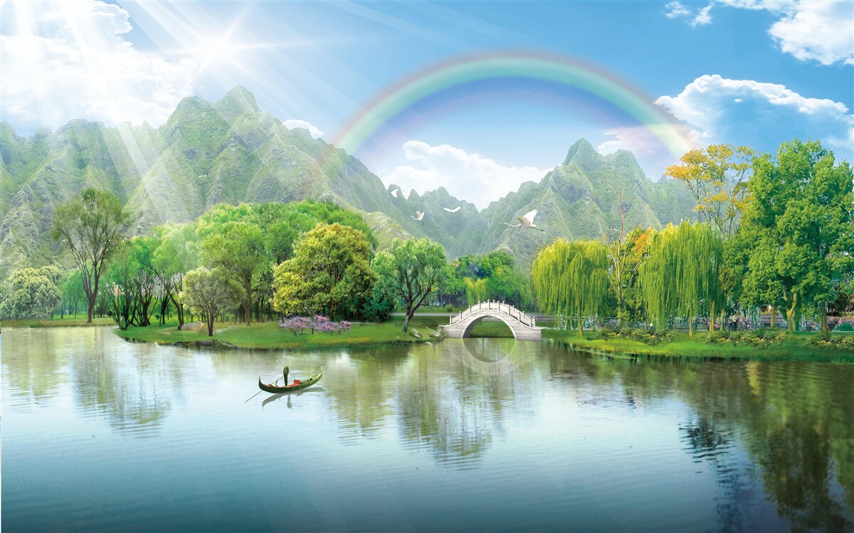 Papier peint Lac de montagne japonais surmonté d'un arc-en-ciel